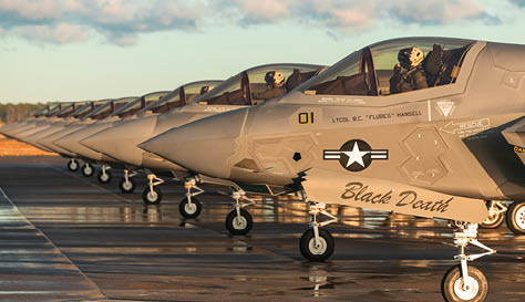 U.S. Marine Corps pilots with Marine Fighter Attack Squadron (VMFA) 542, 2nd Marine Aircraft Wing, stage in formation at Marine Corps Air Station Cherry Point, North Carolina, Feb. 13, 2024. VMFA-542 is scheduled to deploy to Norway for Exercise Nordic Response 24. Exercise Nordic Response, formerly known as Cold Response, is a NATO training event conducted every two years to promote military competency in arctic environments and to foster interoperability between the U.S. Marine Corps and allied nations. (U.S. Marine Corps photo by Lance Cpl. Madison Blackstock)