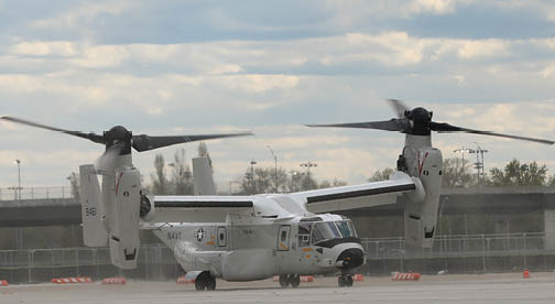 The first East Coast-assigned Navy tiltrotor vertical/short takeoff and landing (V/STOL) aircraft CMV-22B Osprey lands at Naval Station Norfolk, April 5. The CMV-22B Osprey belongs to Fleet Logistics Multi-Mission Squadron (VRM) 40 the “Mighty Bison.” The CMV-22B airframe will provide the fleet’s medium-lift and long-range aerial logistics capability, replacing the C-2A Greyhounds of Fleet Logistics Support Squadron (VRC) 40 over the next several years. (U.S. Navy photo by Mass Communication Specialist Seaman Sylvie Carafiol)