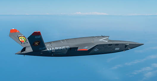A U.S. Marine Corps XQ-58A Valkyrie, highly autonomous, low-cost tactical unmanned air vehicle, soars overhead during its second test flight at Eglin Air Force Base, Fla., Feb. 23, 2023. The XQ-58A Valkyrie test flight and the data collected inform future requirements for the Marine Corps in a rapidly evolving security environment, while successfully fueling joint innovation and experimentation opportunities. (U.S. Air Force photo by Master Sgt. John McRell)