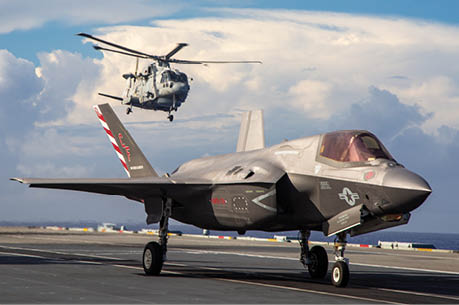U.S. Marine Corps Maj Brian Kimmins prepares to launch an F-35B from HMS Queen Elizabeth for a historic cross-deck operation with USS America in the Pacific Ocean on August 20, 2021. The operation highlighted the interoperability of the F-35B and the strategic importance of the joint integration between the United Kingdom Carrier Strike Group and the U.S. Navy Amphibious Ready Group / Marine Expeditionary Unit. This mission was the first time in modern history the United States has cross-decked aircraft for a mission utilizing a foreign aircraft carrier, demonstrating naval partnerships in action.