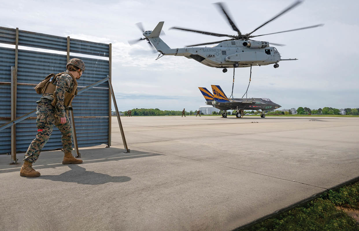 Pax River ITF and VMX-1 work collaboratively to accomplish the aerial transportation of a non-flying F-35C test asset, CF-1, via a CH-53K piloted by VMX-1's LtCol Adam Horne April 24, 2024. The airframe was transported from Pax River, MD, to Lakehurst, NJ, where it will later be used for carrier suitability barricade testing.
