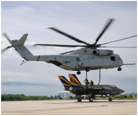 Pax River ITF and VMX-1 work collaboratively to accomplish the aerial transportation of a non-flying F-35C test asset, CF-1, via a CH-53K piloted by VMX-1's LtCol Adam Horne April 24, 2024. The airframe was transported from Pax River, MD, to Lakehurst, NJ, where it will later be used for carrier suitability barricade testing.