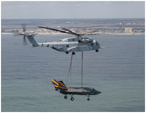 Pax River ITF and VMX-1 work collaboratively to accomplish the aerial transportation of a non-flying F-35C test asset, CF-1, via a CH-53K piloted by VMX-1's LtCol Adam Horne April 24, 2024. The airframe was transported from Pax River, MD, to Lakehurst, NJ, where it will later be used for carrier suitability barricade testing.