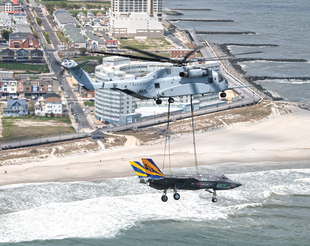 Pax River ITF and VMX-1 work collaboratively to accomplish the aerial transportation of a non-flying F-35C test asset, CF-1, via a CH-53K piloted by VMX-1's LtCol Adam Horne April 24, 2024. The airframe was transported from Pax River, MD, to Lakehurst, NJ, where it will later be used for carrier suitability barricade testing.