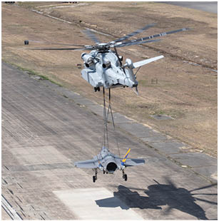 Pax River ITF and VMX-1 work collaboratively to accomplish the aerial transportation of a non-flying F-35C test asset, CF-1, via a CH-53K piloted by VMX-1's LtCol Adam Horne April 24, 2024. The airframe was transported from Pax River, MD, to Lakehurst, NJ, where it will later be used for carrier suitability barricade testing.