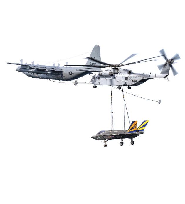 Teams with VMX-1 and NAS Pax River collaboratively work to accomplish a lift and aerial refuel of an F-35C, CF-1, from the Pax River F-35 ITF by a CH-53K from VMX-1 April 23, 2024. The lift was conducted in preparation for the aerial transport of CF-1 from NAS Patuxent River, MD, to Lakehurst, NJ.
