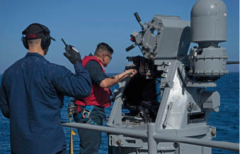 240429-N-IJ966-2084 PACIFIC OCEAN (April 29, 2024) Gunner’s Mate 3rd Class Joshua Rivas, right, from Inglewood, Calif., and Aviation Ordnanceman 1st Class Erik Brown, from Cocoa Beach, Fla., prepare a MK 38 machine gun system for a live-fire exercise on the fantail of the Nimitz-class aircraft carrier USS Abraham Lincoln (CVN72). Abraham Lincoln is currently underway conducting routine operations in the 3rd Fleet area of responsibility. (U.S. Navy photo by Mass Communication Specialist Seaman Nathaly Cruz)