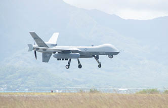 A U.S. Marine Corps MQ-9A MUX/MALE assigned to Marine Unmanned Aerial Vehicle Squadron (VMU) 3, Marine Aircraft Group 24, 1st Marine Aircraft Wing prepares to land onto the flightline after conducting drills during the first Satellite Communications (SATCOM) Launch and Recovery (SLR) mission at Marine Corps Air Station Kaneohe Bay, Hawaii, June 20, 2024. SLR minimizes logistical constraints, enables operations from short airfields over vast distances, and supports the flexibility required for modern expeditionary operations. VMU-3's successful SLR demonstration emphasized its pivotal role in advancing Marine Corps capabilities in reconnaissance, surveillance, and target acquisition missions across the Indo-Pacific region. (U.S. Marine Corps photo by Cpl. Joseph Abreu)