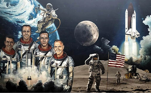 An oil painting by George F. McWilliams restored by the Patuxent River Naval Air Museum hangs in the museum’s Test & Evaluation Hall. The mural once hung in the Naval Air Station Patuxent River's Officers' Club and was rescued prior to the building’s demolition. The painting represents the role of the U.S. Naval Test Pilot School in national space history. The school has produced nearly 100 NASA astronauts to date. (U.S. Navy photo by Vicky Falcon)