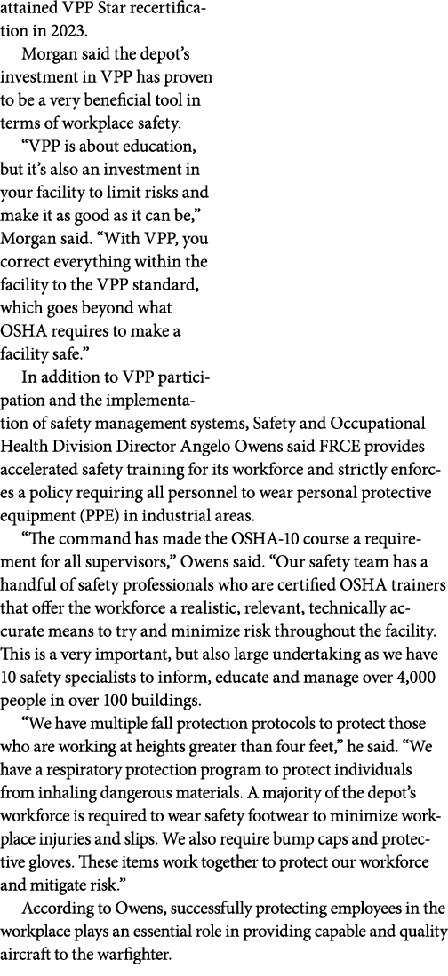 attained VPP Star recertification in 2023. Morgan said the depot’s investment in VPP has proven to be a very benefici...