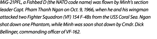 MiG 21PFL, a Fishbed D (the NATO code name) was flown by Minh’s section leader Capt. Pham Thanh Ngan on Oct. 9, 1966,...