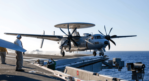PACIFIC OCEAN (Nov. 29, 2021) An E-2D Hawkeye, assigned to the “Wallbangers" of Carrier Airborne Early Warning Squadron (VAW) 117, takes off from the flight deck of USS Abraham Lincoln (CVN 72). Abraham Lincoln is underway conducting routine operations in the U.S. 3rd Fleet. (U.S. Navy photo by Mass Communication Specialist 3rd Class Michael Singley)