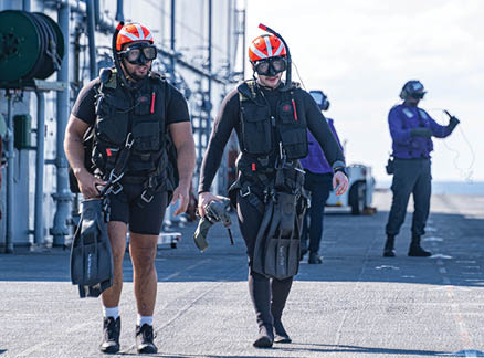 250227-N-TW227-1117 PHILIPPINE SEA (Feb. 27, 2025) Naval Aircrewman (Helicopter) 3rd Class Zachary Santos, left, from Brockton, Massachusetts, and Naval Aircrewman (Helicopter) 2nd Class Ethan Kubat, right, from Lincoln, Illinois, assigned to Helicopter Sea Combat Squadron (HSC) 25 walk across the flight deck of the forward-deployed amphibious assault ship USS America (LHA 6), while conducting flight operations in the Philippine Sea, Feb. 27. America, lead ship of the America Amphibious Ready Group, is operating in the U.S. 7th Fleet area of operations. U.S. 7th Fleet is the U.S. Navy’s largest forward-deployed numbered fleet, and routinely interacts and operates with allies and partners in preserving a free and open Indo-Pacific region. (U.S. Navy photo by Mass Communication Specialist Seaman Kenneth Melseth)