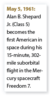 May 5, 1961: Alan B. Shepard Jr. (Class 5) becomes the first American in space during his 15 minute, 302 mile suborbi...