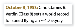 October 3, 1953: Cmdr. James B. Verdin (Class 8) sets a world record for speed flying an F 4D Skyray.