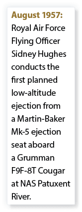 August 1957: Royal Air Force Flying Officer Sidney Hughes conducts the first planned low altitude ejection from a Mar...