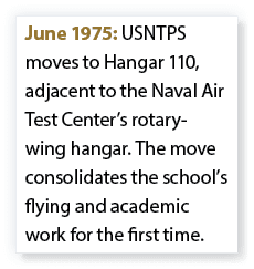 June 1975: USNTPS moves to Hangar 110, adjacent to the Naval Air Test Center’s rotary wing hangar. The move consolida...
