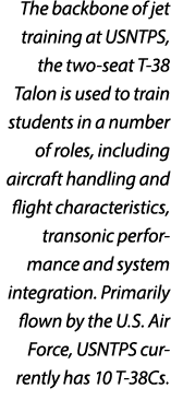 The backbone of jet training at USNTPS, the two seat T 38 Talon is used to train students in a number of roles, inclu...