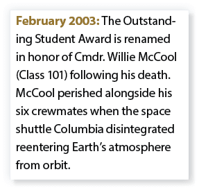 February 2003: The Outstanding Student Award is renamed in honor of Cmdr. Willie McCool (Class 101) following his dea...