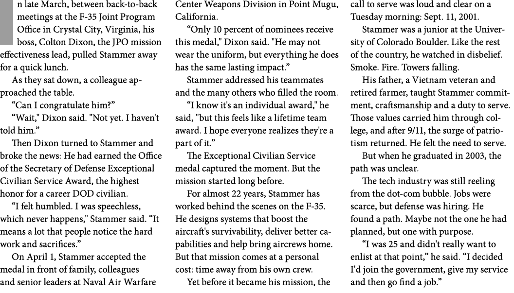In late March, between back to back meetings at the F 35 Joint Program Office in Crystal City, Virginia, his boss, Co...