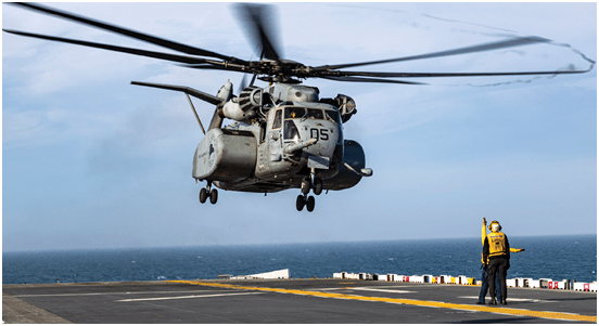 ATLANTIC OCEAN (April 5, 2025) An MH-53E Sea Dragon, assigned to the “Blackhawks” of Helicopter Mines Countermeasures Squadron 15 (HM-15), takes off from the flight deck of the amphibious assault ship USS Wasp (LHD 1) during flight operations on the ship’s flight deck, April 5, 2025. Wasp is underway conducting routine operations in the Atlantic Ocean. (U.S. Navy photo by Mass Communication Specialist Seaman Soren V.P. Quinata)