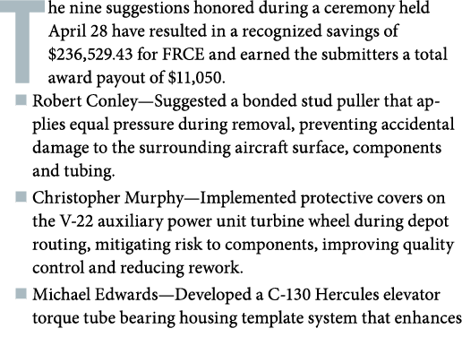 The nine suggestions honored during a ceremony held April 28 have resulted in a recognized savings of $236,529.43 for...