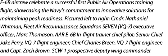 E 6B aircrew celebrate a successful first Public Air Operations training flight, showcasing the Navy's commitment to ...