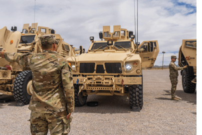 A U.S. Army Soldier conducts driver’s training with the Mine-Resistant Ambush Protected (MRAP) vehicle. (DVIDS/U.S. Army photo)