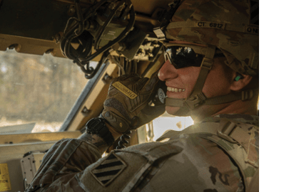 A U.S. Army Soldier operates a radio system inside of a Mine-Resistant Ambush Protected All-Terrain Vehicle. (MRAP) (DVIDS/U.S. Army photo)