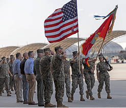 Current and former commanding officers of Marine All-Weather Fighter Attack Squadron (VMFA(AW)) 224 and Marine Fighter Attack Squadron (VMFA) 224 observe the pass and review during a squadron redesignation and change of command ceremony at Marine Corps Air Station Beaufort, South Carolina, June 26, 2025. The ceremony represented the squadron's transition from an all-weather F/A-18D Hornet squadron to an F-35B Lightning II squadron and signified the transfer of responsibility, authority, and accountability from Lt. Col. Jarrod Allen to Lt. Col. John P. Stuart. (U.S. Marine Corps photo by Lance Cpl. Gavin K. Kulczewski)