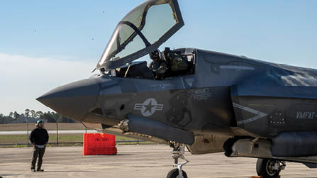 Fleet Readiness Center East (FRCE) F-35 maintenance test pilot Ross Fearon prepares to conduct a functional check flight on an F-35B Lightning II to ensure the aircraft’s airframe, engines, accessories, and equipment are functioning according to standard following service at the depot. Fearon took on the role to test pilot at FRCE following 20 years of service as a fighter pilot in the Marine Corps in order to continue serving the nation by helping deliver flight-ready aircraft to the warfighter.