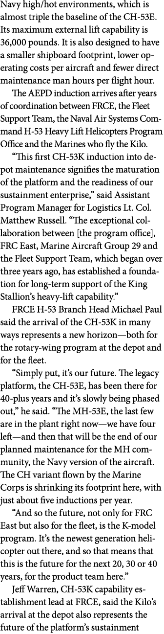 Navy high/hot environments, which is almost triple the baseline of the CH 53E. Its maximum external lift capability i...