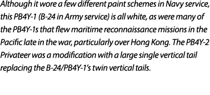 Although it wore a few different paint schemes in Navy service, this PB4Y 1 (B 24 in Army service) is all white, as w...