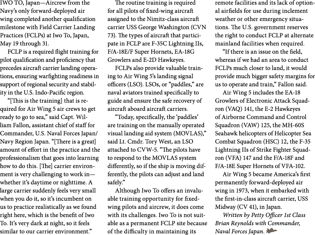 IWO TO, Japan—Aircrew from the Navy’s only forward deployed air wing completed another qualification milestone with F...