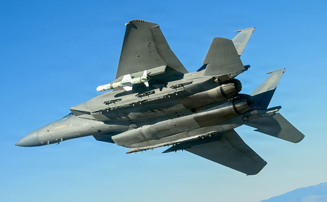 An F-15 carries a Harpoon Block II during a test Jan. 16 off the coast of California. (U.S. Navy photo)
