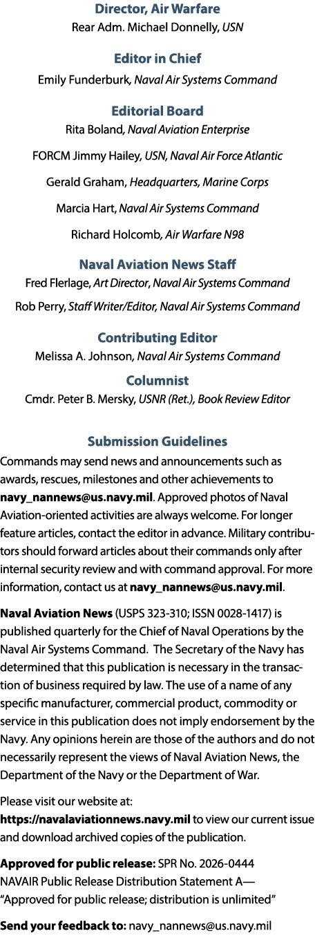 Director, Air Warfare Rear Adm. Michael Donnelly, USN Editor in Chief Emily Funderburk, Naval Air Systems Command Edi...