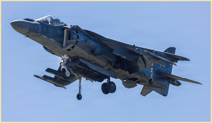 A U.S. Marine Corps AV-8B Harrier II with Marine Attack Squadron (VMA) 223, Marine Aircraft Group 14, 2nd Marine Aircraft Wing, flies over Marine Corps Air Station Cherry Point, North Carolina, June 3, 2026.  The “sundown” of the AV-8B Harrier II, an iconic aircraft that has supported joint and Marine Corps operations for over 40 years, also represents the dawn of a new era; it paves the way for 2nd MAW’s full transition to the F-35B and C Lightning II. VMA-223 is the U.S. Marine Corps' last operational Harrier squadron. (U.S. Marine Corps photo by Lance Cpl. Bryan Giraldo)