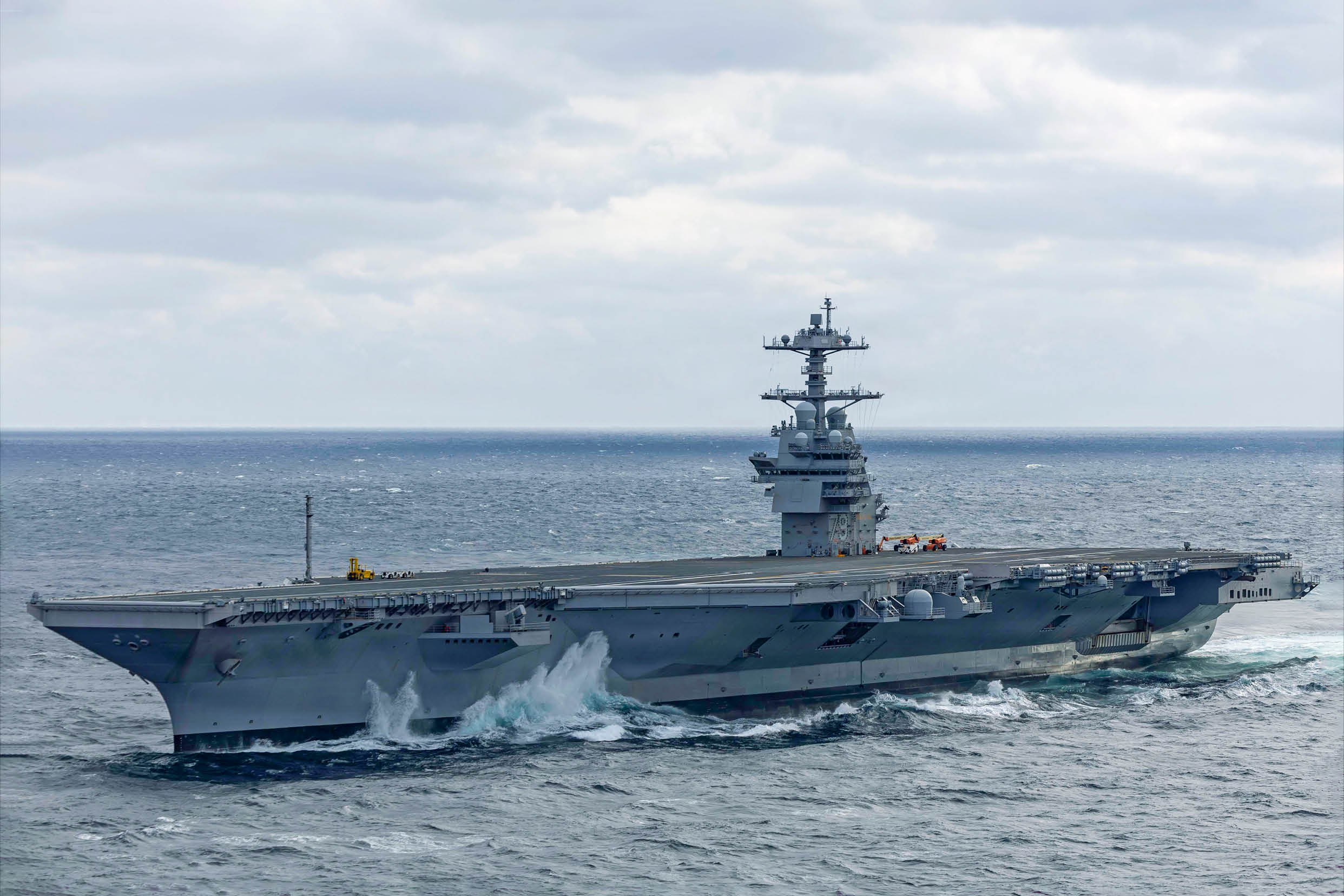 Pre-Commissioning Unit John F. Kennedy (CVN 79) transits the Atlantic Ocean during Builder's Sea Trials, Jan. 28, 2026. Builder’s Trials provide an opportunity to test ship systems and components at sea for the first time, and make required adjustments prior to additional underway testing. (U.S. Navy photo by Mass Communication Specialist 2nd Class Kaitlin Young)