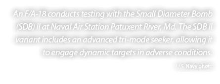 An F/A 18 conducts testing with the Small Diameter Bomb (SDB) II at Naval Air Station Patuxent River, Md. The SDB II ...