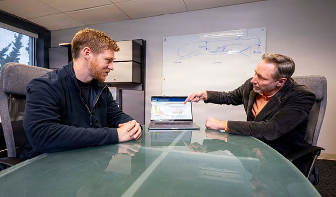 Brian Bojko (left), Ph.D., U.S. Naval Research Laboratory (NRL) mechanical engineer, and David Kessler, Ph.D., NRL director of Laboratories for Computational Physics and Fluid Dynamics, discuss solid-fuel ramjet (SFRJ) advancements in Washington, D.C., Jan. 13, 2026. Scientists at NRL use optical diagnostics to visualize combustion data and develop technologies that increase the range of high-speed SFRJ systems. (U.S. Navy photo by Sarah Peterson)