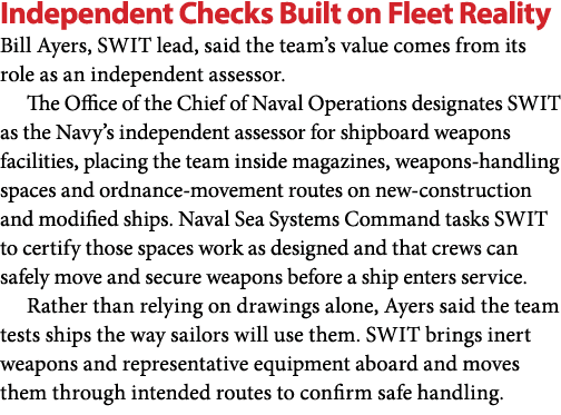 Independent Checks Built on Fleet Reality Bill Ayers, SWIT lead, said the team’s value comes from its role as an inde...