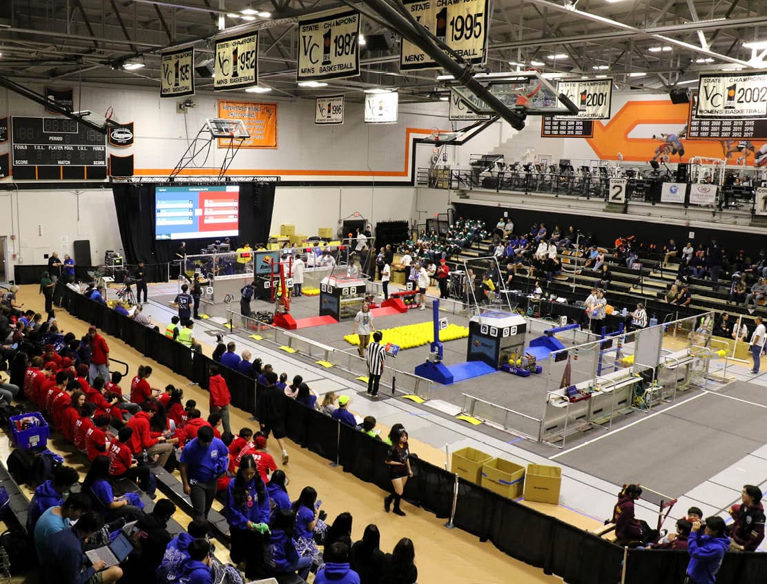 Teams compete on the field during the Ventura College FIRST Robotics Competition at the Ventura College Sportsplex in Ventura, Calif., March 15.