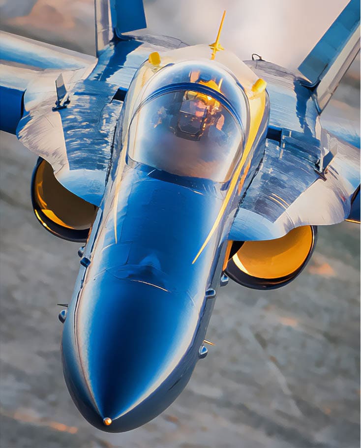 A blue fighter jet is flying in the sky. AI generated content