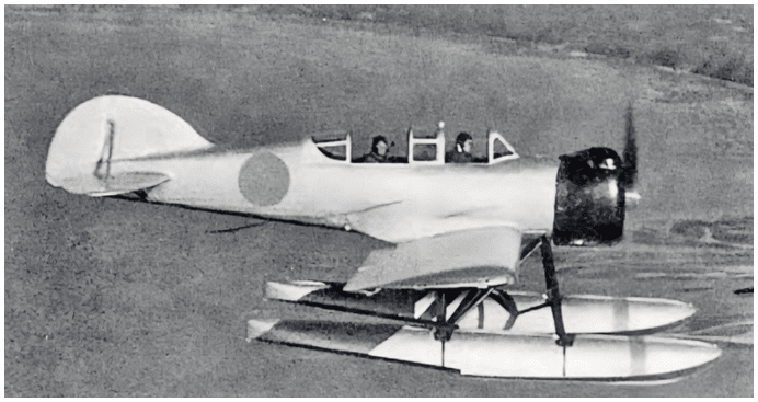An old airplane with two people in it is flying over a body of water. AI generated content