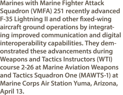 Marines with Marine Fighter Attack Squadron (VMFA) 251 recently advanced F 35 Lightning II and other fixed wing aircr...